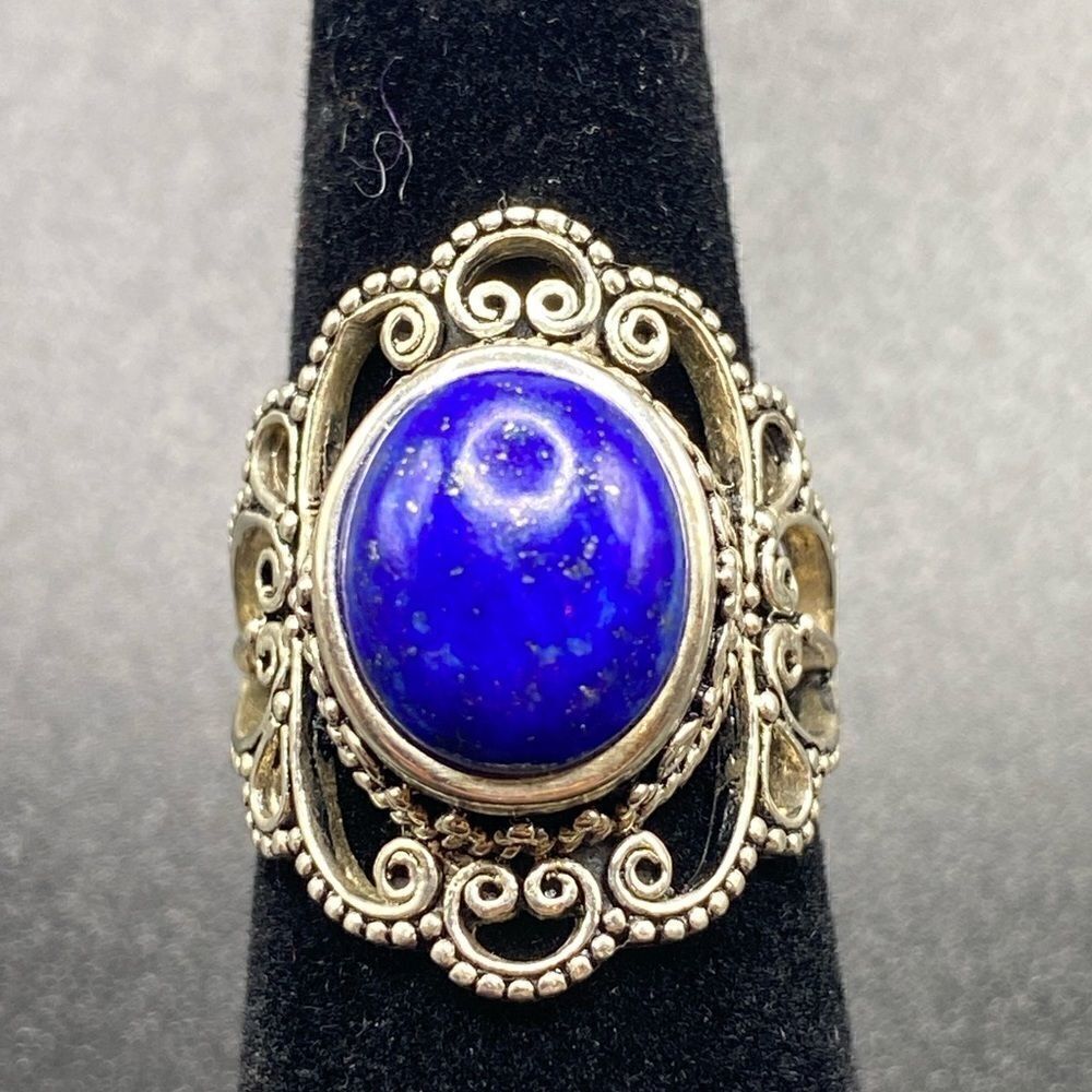 Bali style filigree round boho blue lapis lazuli ring 925 sterling silver